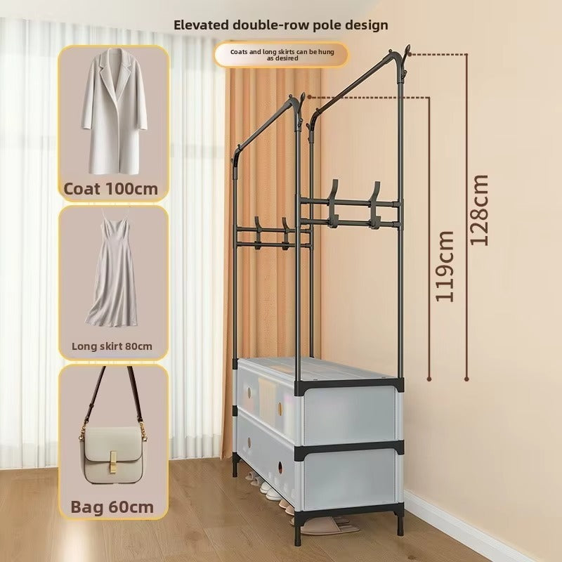 Double-Pole Metal Floor-Standing Clothes Drying Rack with Shoe  Storage Rack