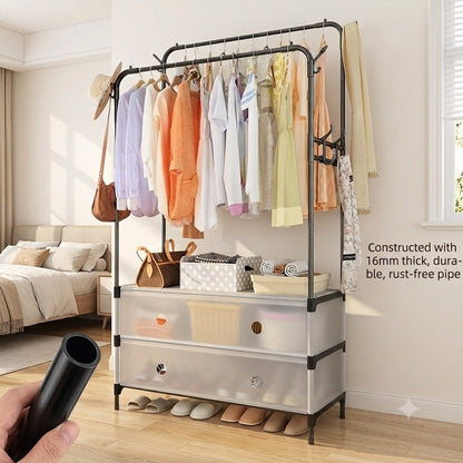 Double-Pole Metal Floor-Standing Clothes Drying Rack with Shoe  Storage Rack